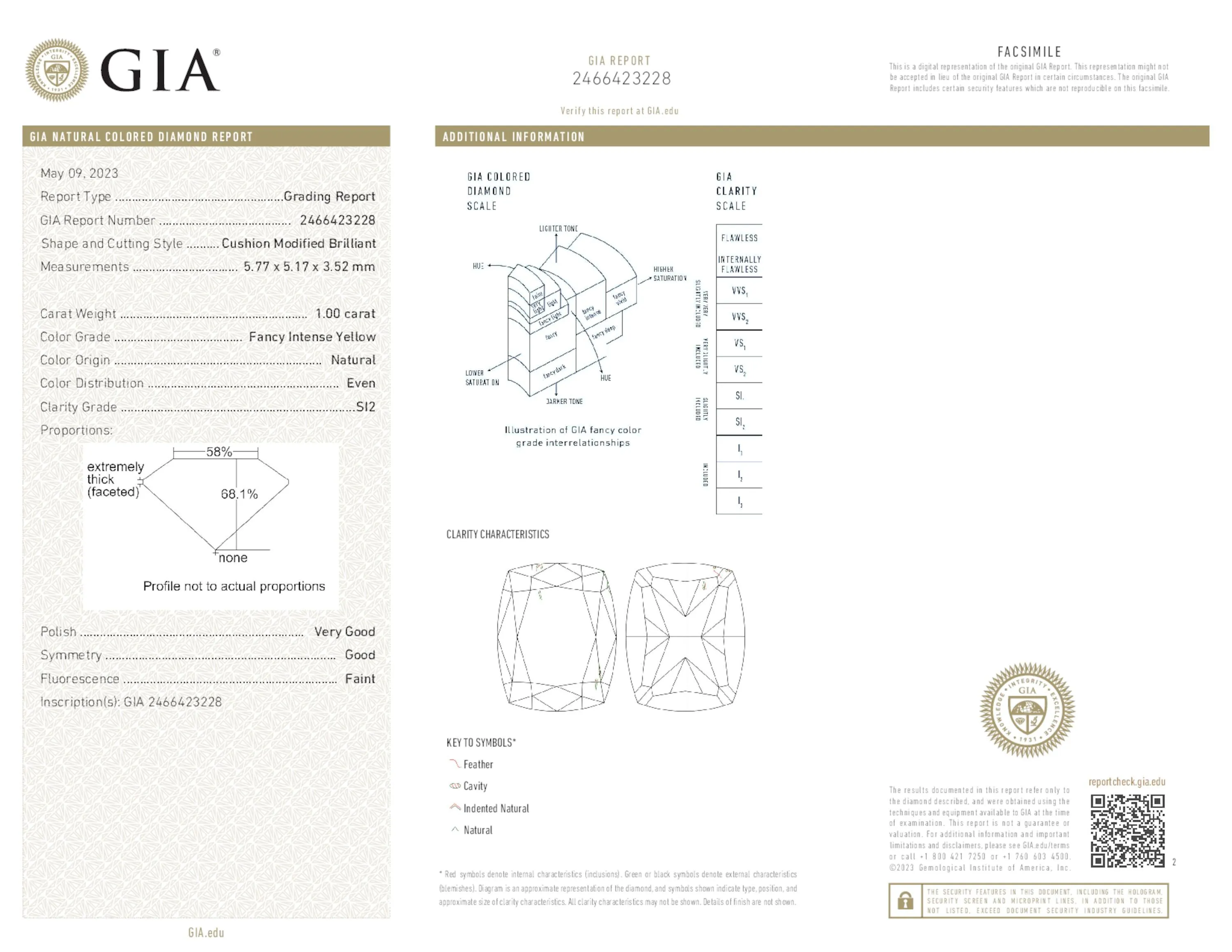 Fancy Intense Yellow Diamond Ring, 1.95 Ct. TW, Cushion shape, GIA Certified,Rings Colored Diamond