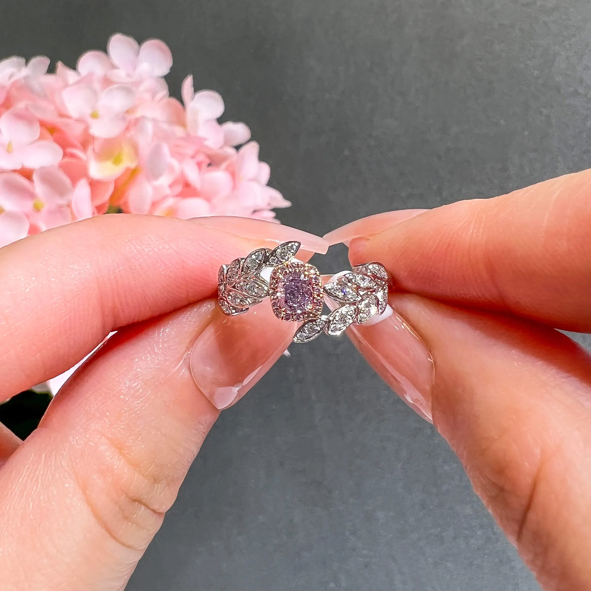 Fancy Light Purplish Pink Diamond Ring, 0.52 Ct. TW, Cushion shape, GIA Certified,Rings Colored Diamond