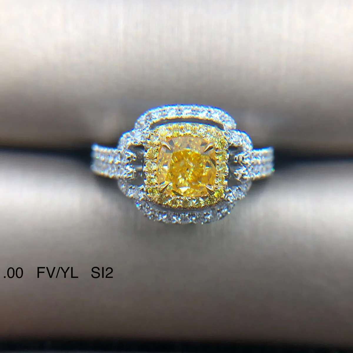 Fancy Vivid Yellow Diamond Ring, 1.82 Ct. TW, Cushion shape, GIA Certified,Rings Colored Diamond