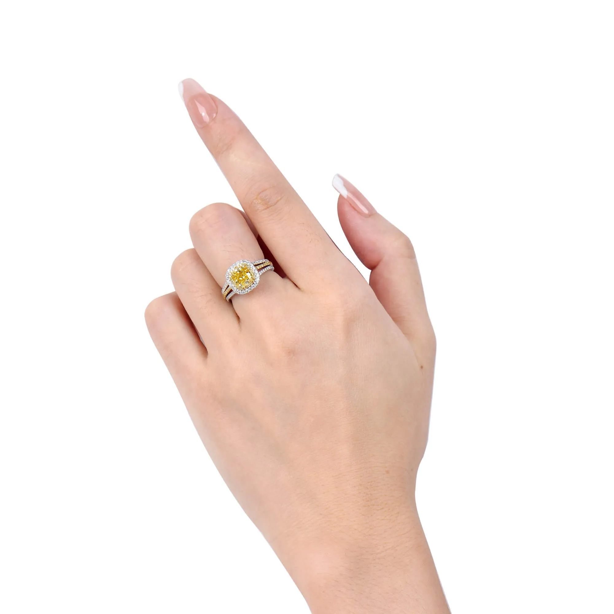 Fancy Vivid Yellow Diamond Ring, 2.08 Ct. TW, Cushion shape, GIA Certified,Rings Colored Diamond