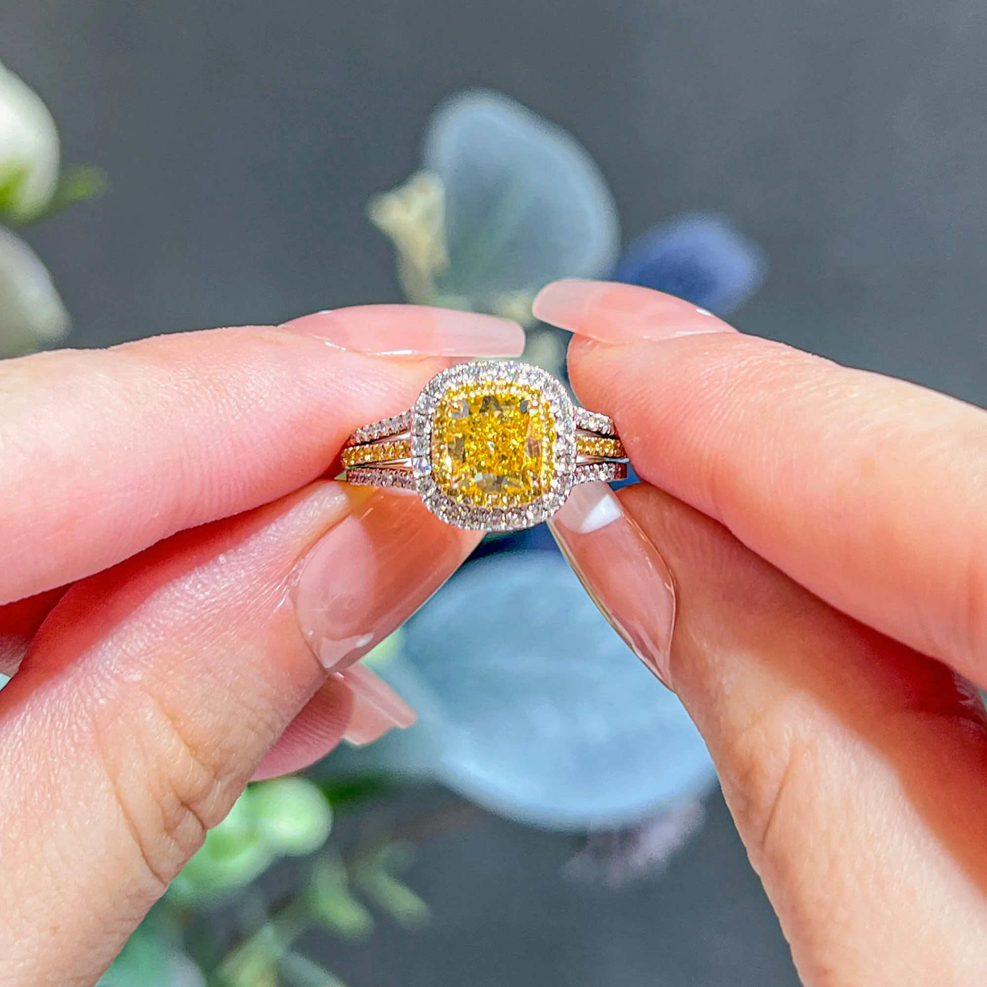 Fancy Vivid Yellow Diamond Ring, 2.08 Ct. TW, Cushion shape, GIA Certified,Rings Colored Diamond