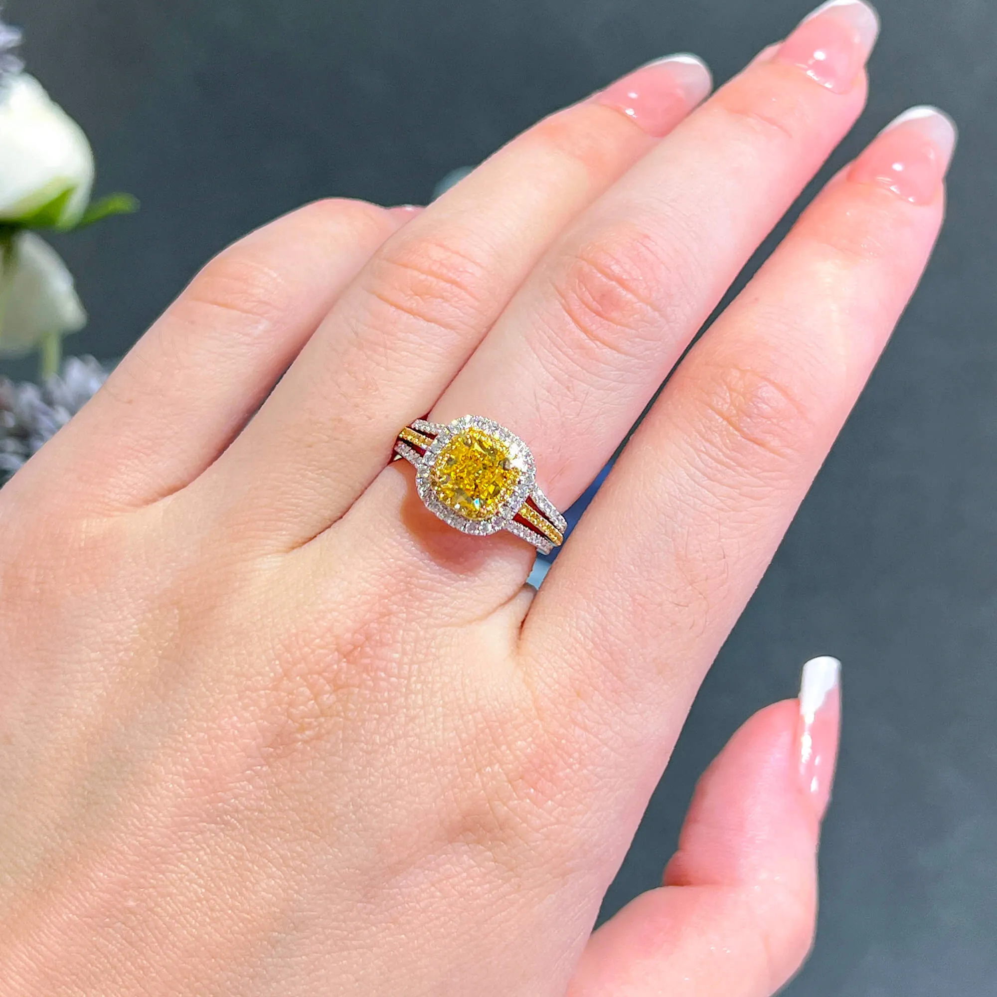 Fancy Vivid Yellow Diamond Ring, 2.08 Ct. TW, Cushion shape, GIA Certified,Rings Colored Diamond