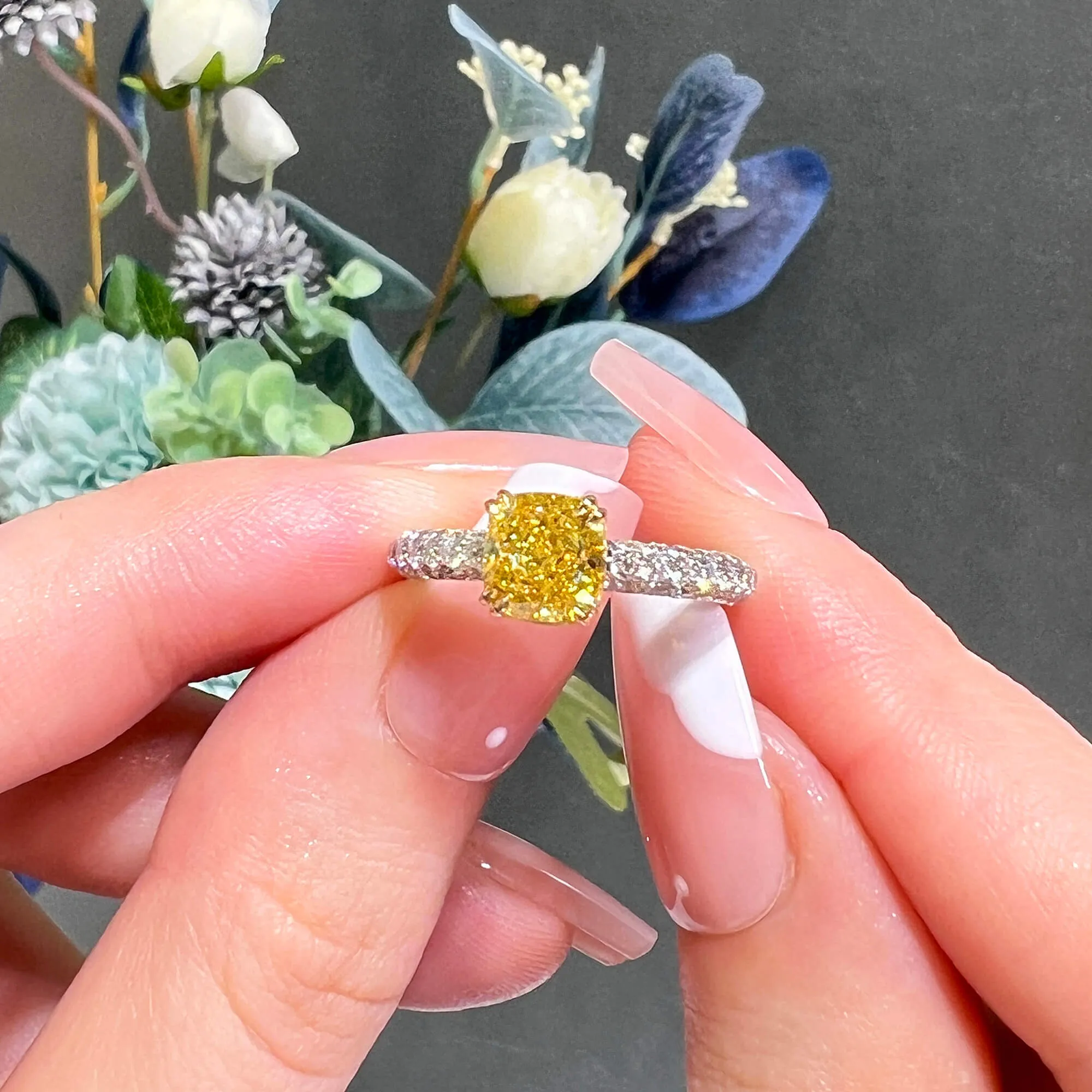 Fancy Vivid Yellow Diamond Ring, 2.37 Ct. TW, Cushion shape, GIA Certified,Rings Colored Diamond