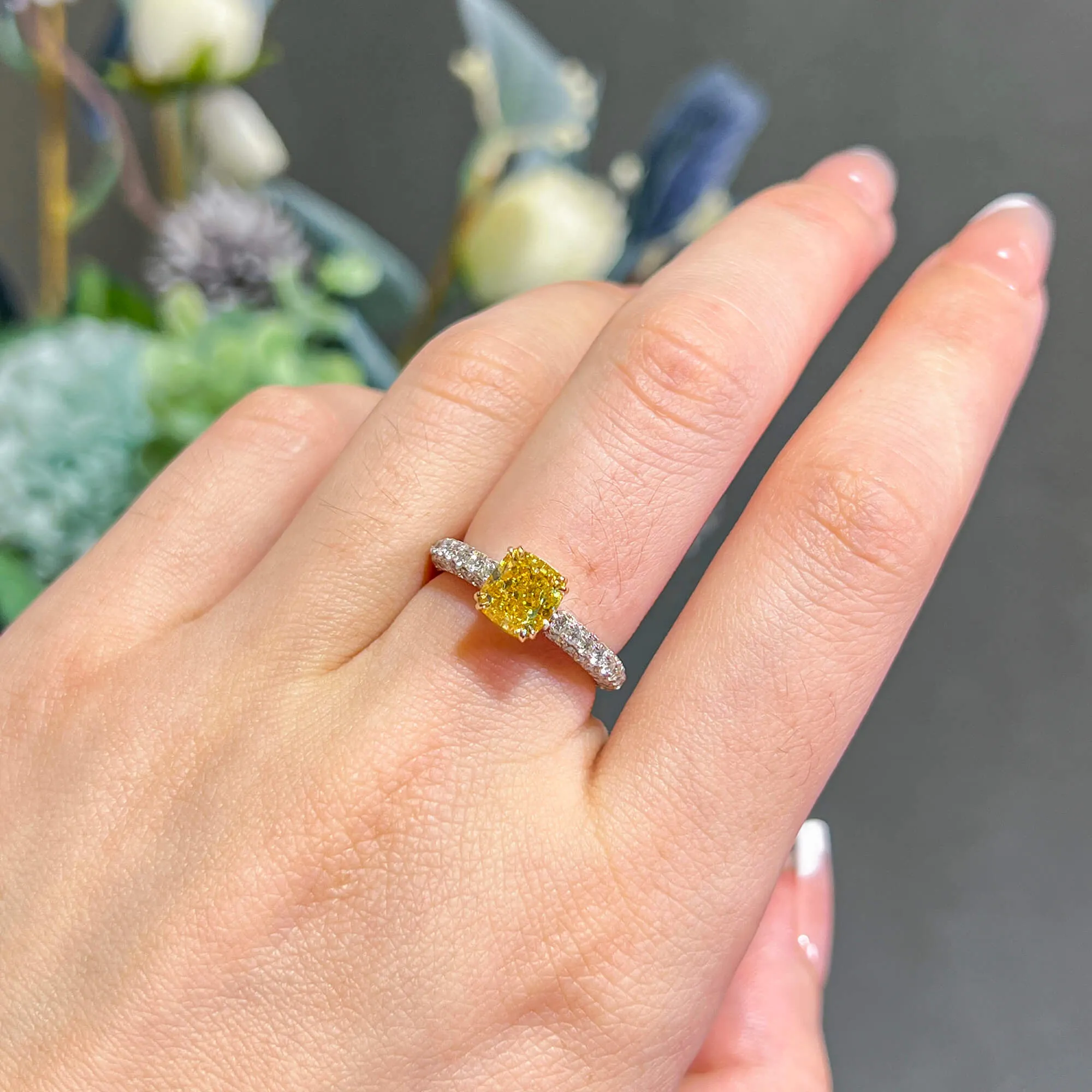 Fancy Vivid Yellow Diamond Ring, 2.37 Ct. TW, Cushion shape, GIA Certified,Rings Colored Diamond