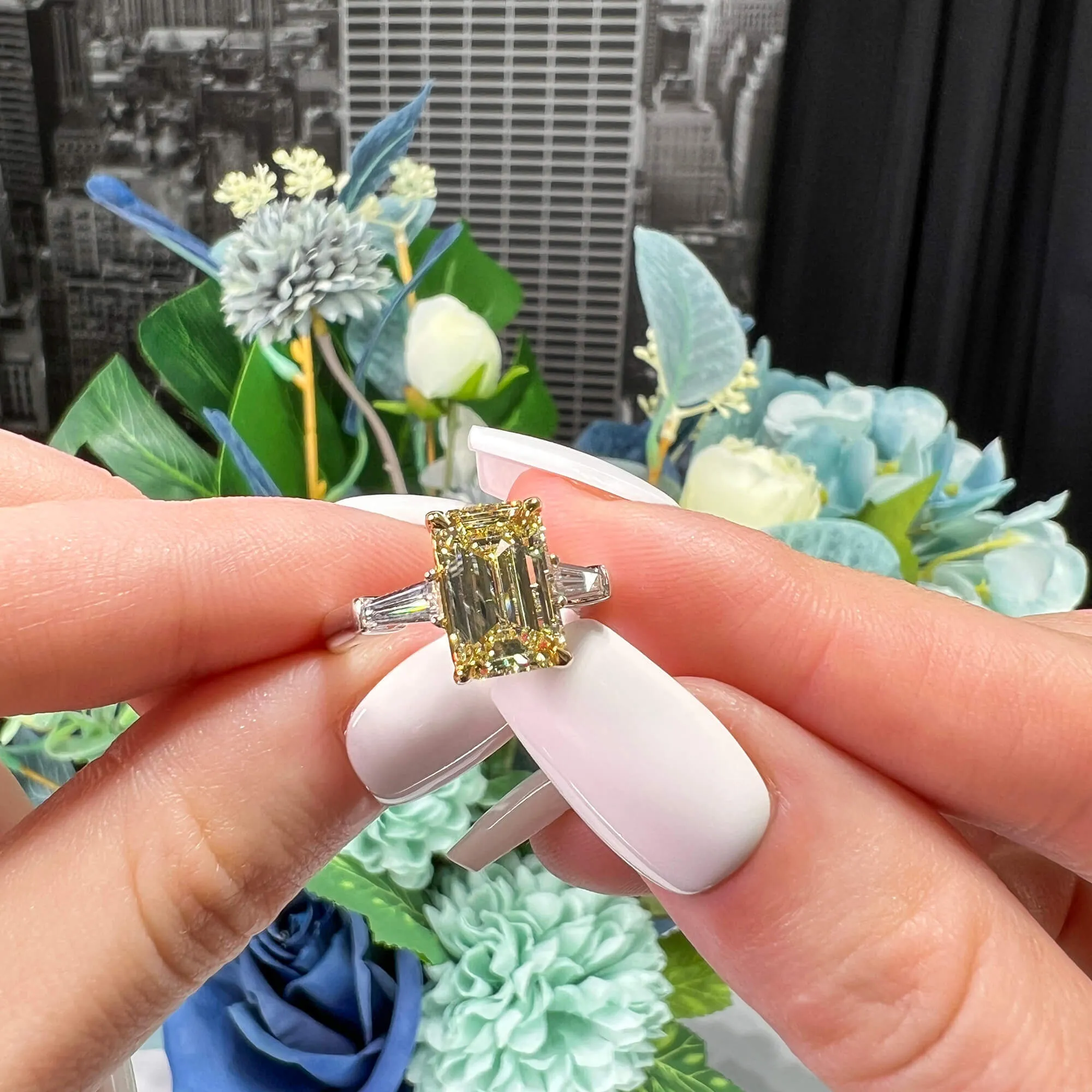 Light Yellow (U-V) Diamond Ring, 3.33 Ct. TW, Emerald shape, GIA Certified,Rings Jewelry