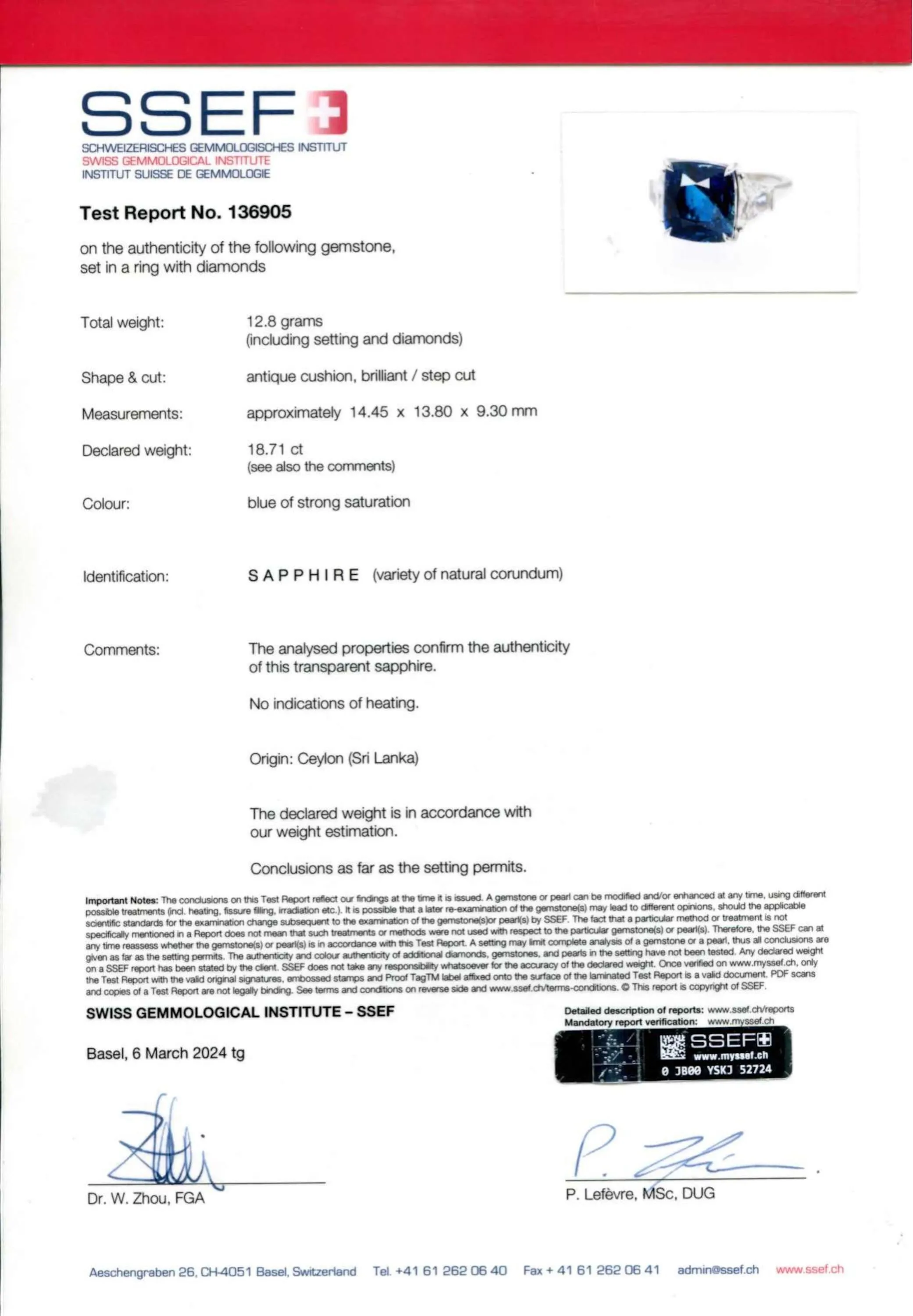 Natural Vivid Blue Sapphire Ring, 21.13 Ct. TW, Cushion shape SSEF Certified,Sapphire Rings