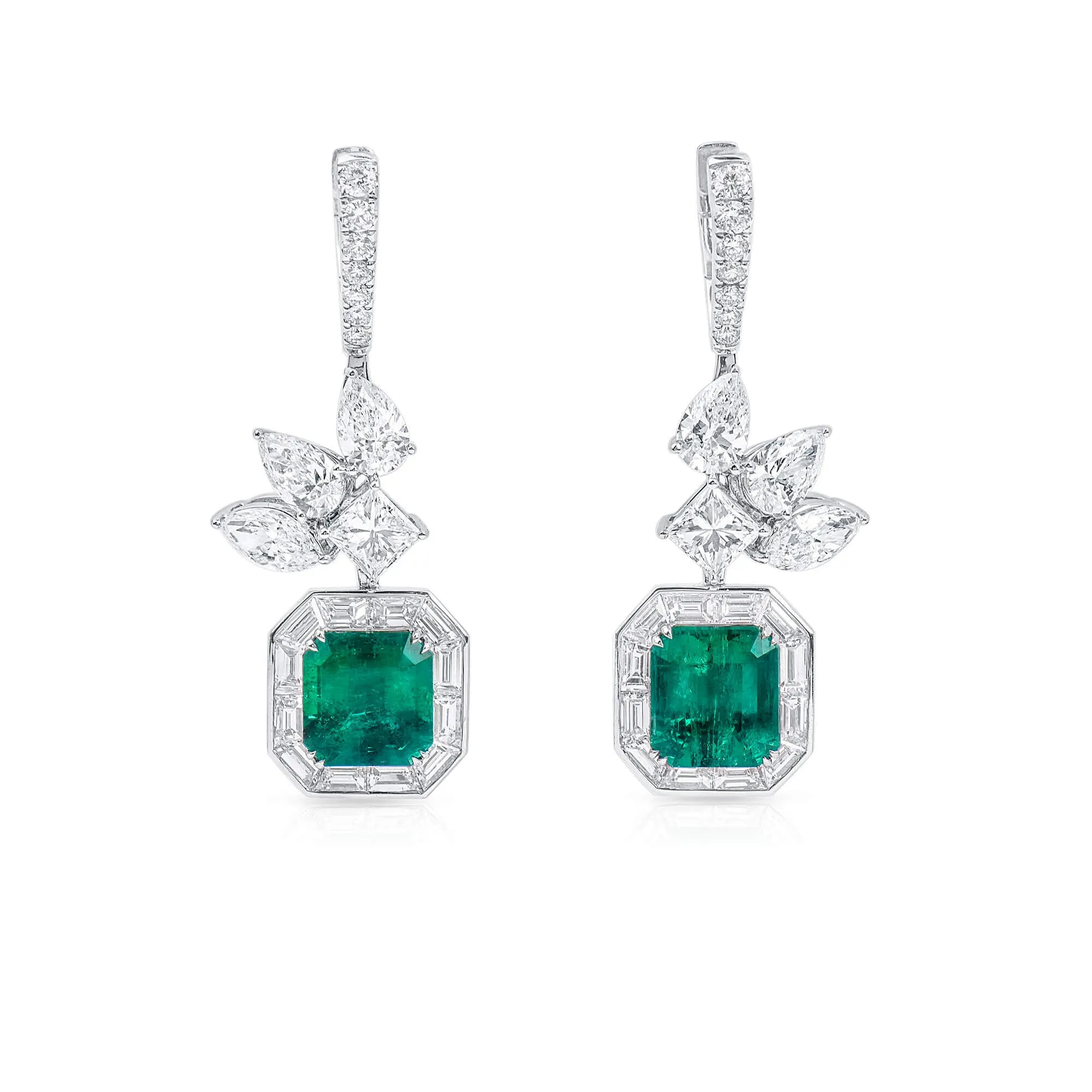 Natural Vivid Green Colombia Emerald Earrings, 7.24 Ct. TW, Octagonal shape GRS Certified,Emerald Earrings