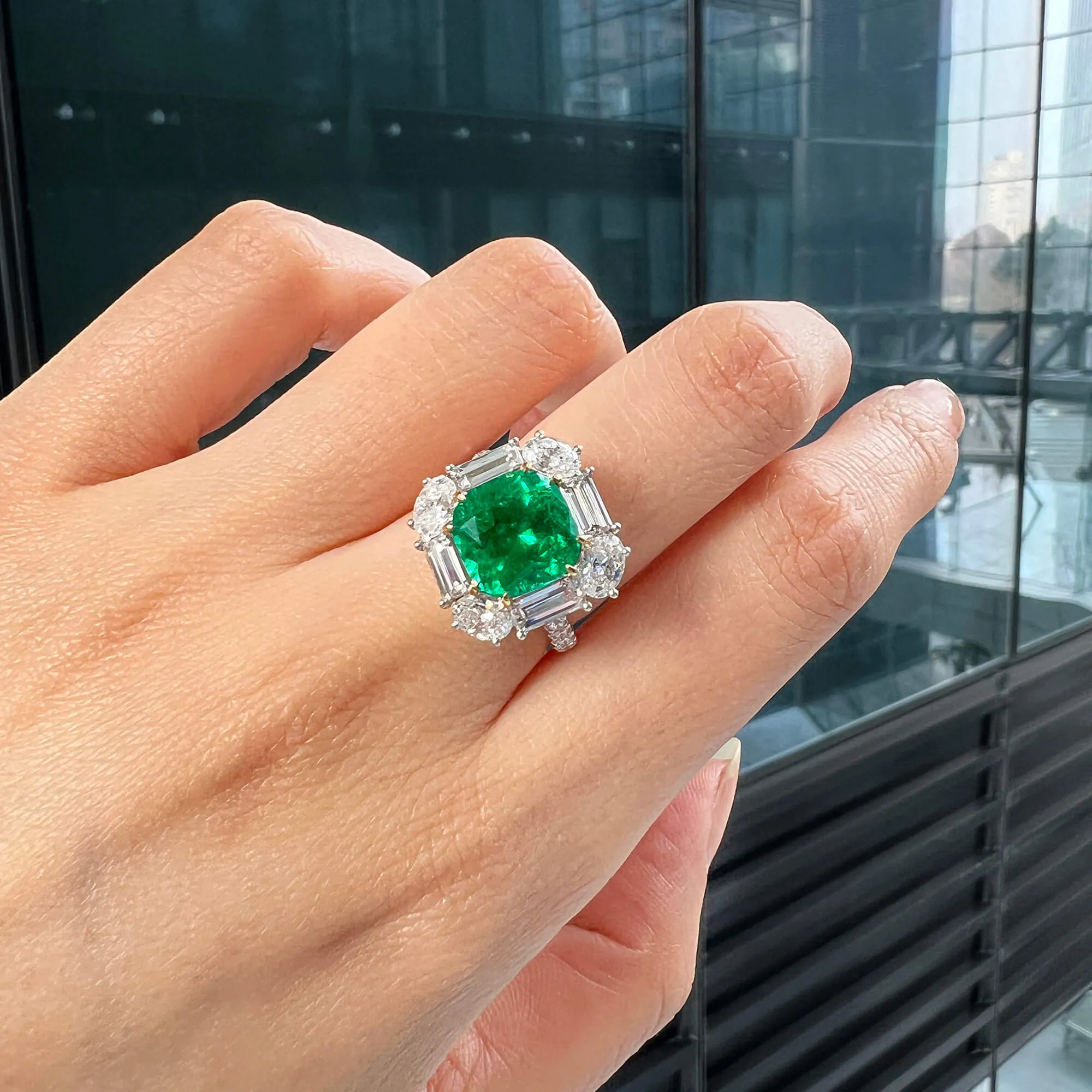 Natural Vivid Green Colombia Emerald Ring, 6.06 Ct. TW, Cushion shape GRS Certified,Emerald Rings