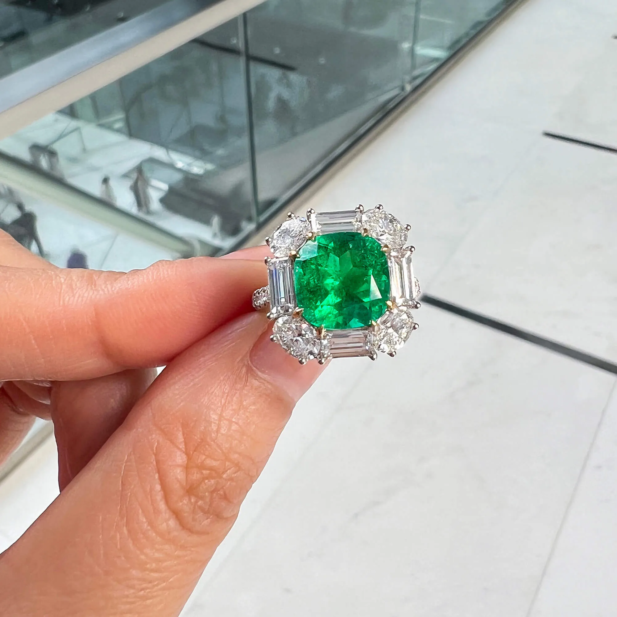 Natural Vivid Green Colombia Emerald Ring, 6.06 Ct. TW, Cushion shape GRS Certified,Emerald Rings