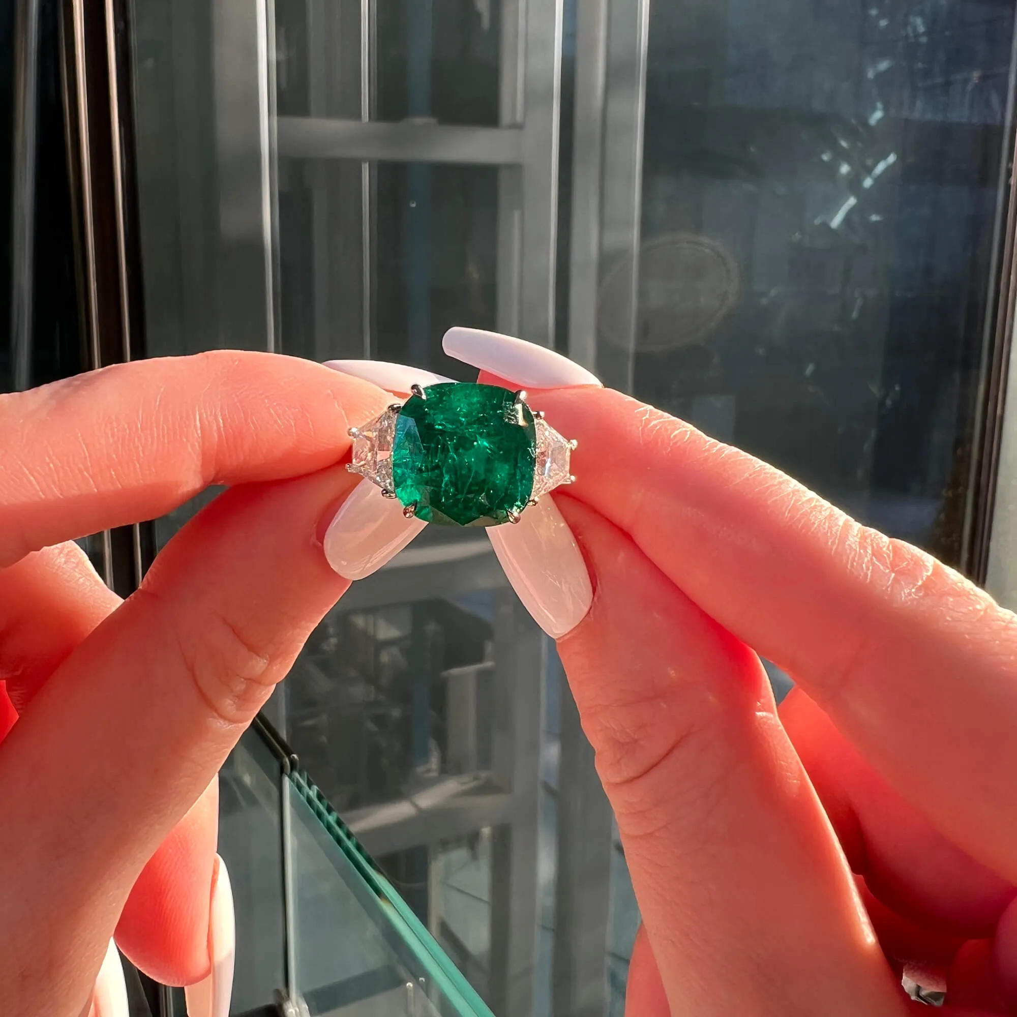 Natural Vivid Green Colombia Emerald Ring, 9.15 Ct. TW, Cushion shape GRS Certified,Emerald Rings