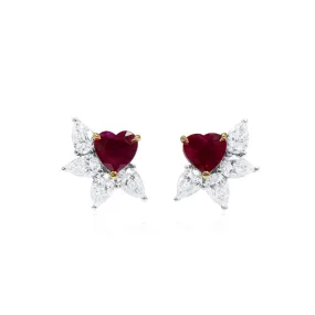 Natural Vivid Red Burma Ruby Earrings, 2.16 Ct. TW, Heart shape GRS Certified,Ruby Earrings