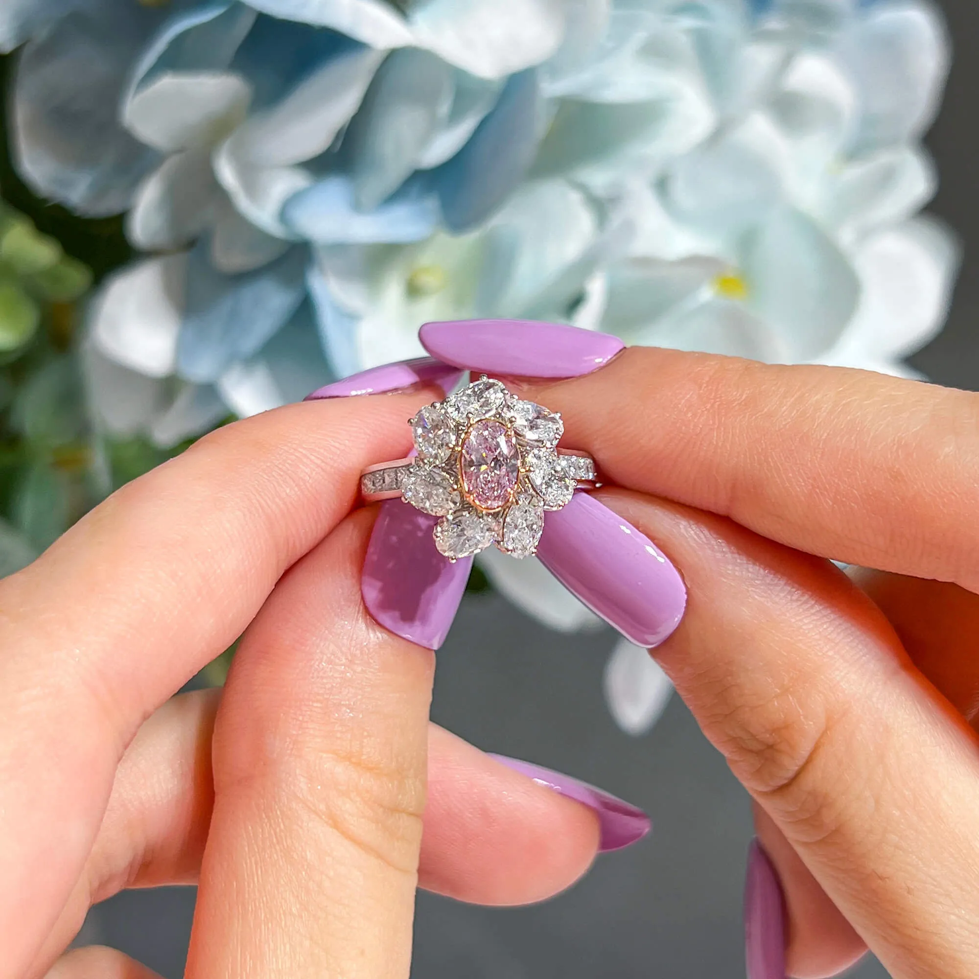 Very Light Pink and White Diamond Ring,0.50 Ct. (3.09 Ct. TW), Oval Shape, GIA Certified, 2225230737,Rings Colored Diamond