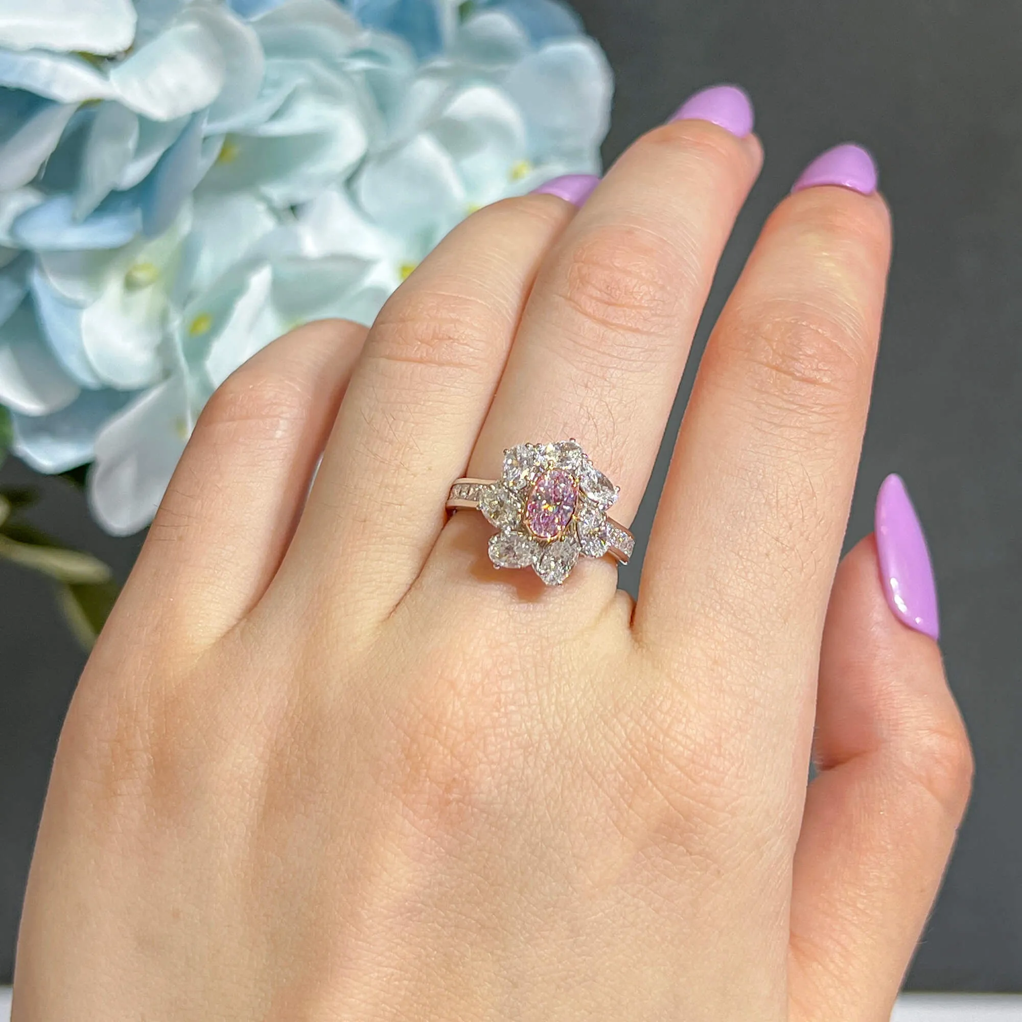 Very Light Pink and White Diamond Ring,0.50 Ct. (3.09 Ct. TW), Oval Shape, GIA Certified, 2225230737,Rings Colored Diamond