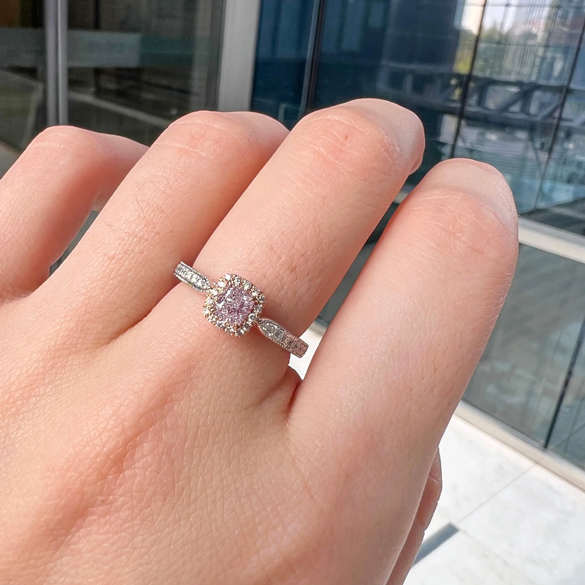 Very Light Pink Diamond Ring, 0.74 Ct. TW, Cushion shape, GIA Certified,Rings Colored Diamond