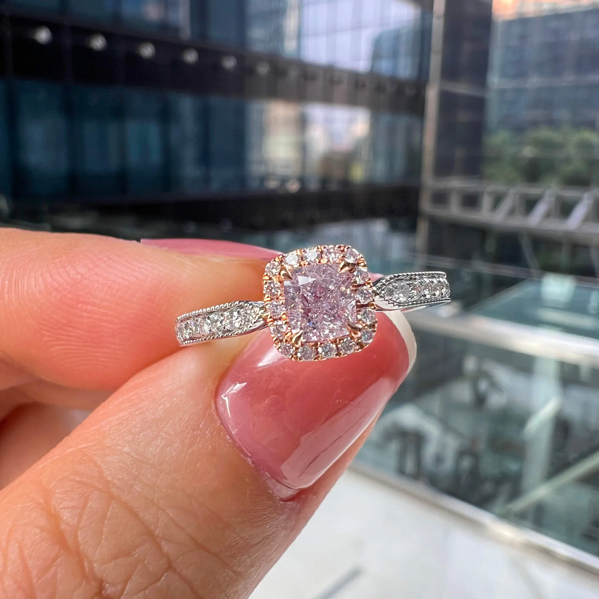 Very Light Pink Diamond Ring, 0.74 Ct. TW, Cushion shape, GIA Certified,Rings Colored Diamond
