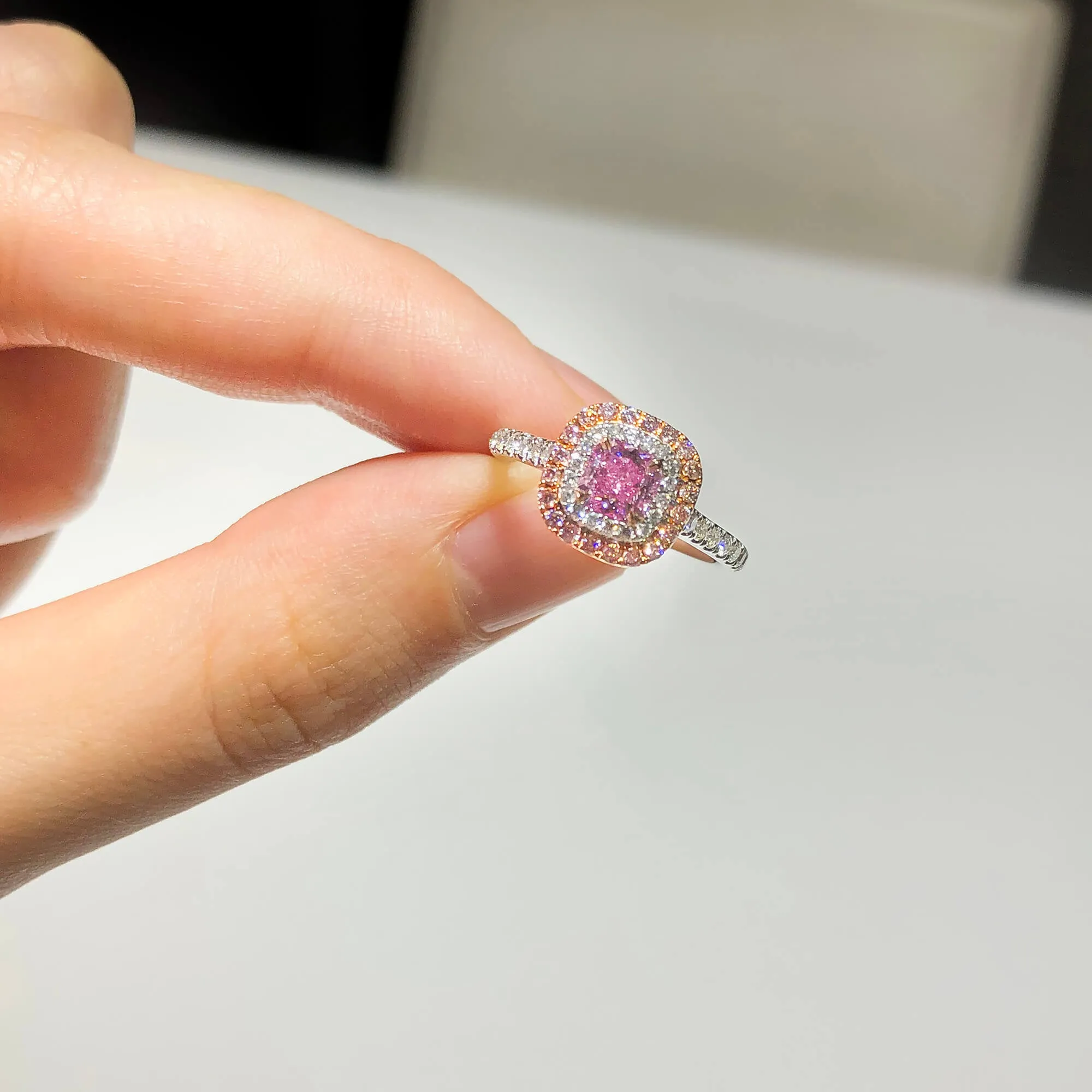 Very Light Pink Diamond Ring, 0.91 Ct. TW, Radiant shape, GIA Certified,Rings Colored Diamond