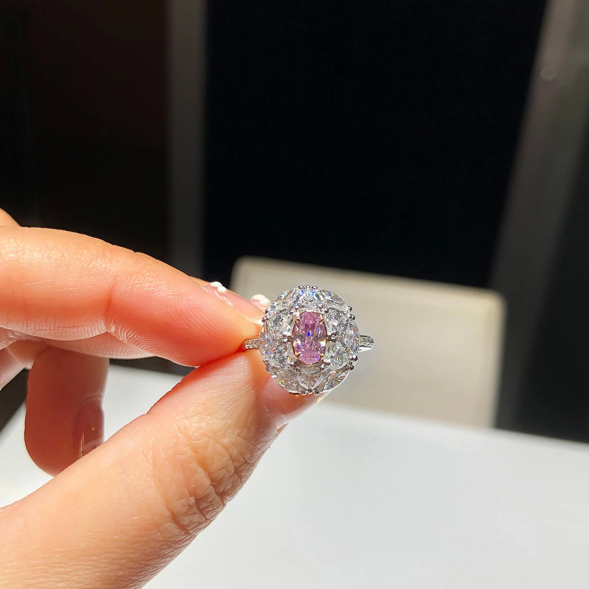 Very Light Pink Diamond Ring, 2.97 Ct. TW, Oval shape, GIA Certified,Rings Colored Diamond