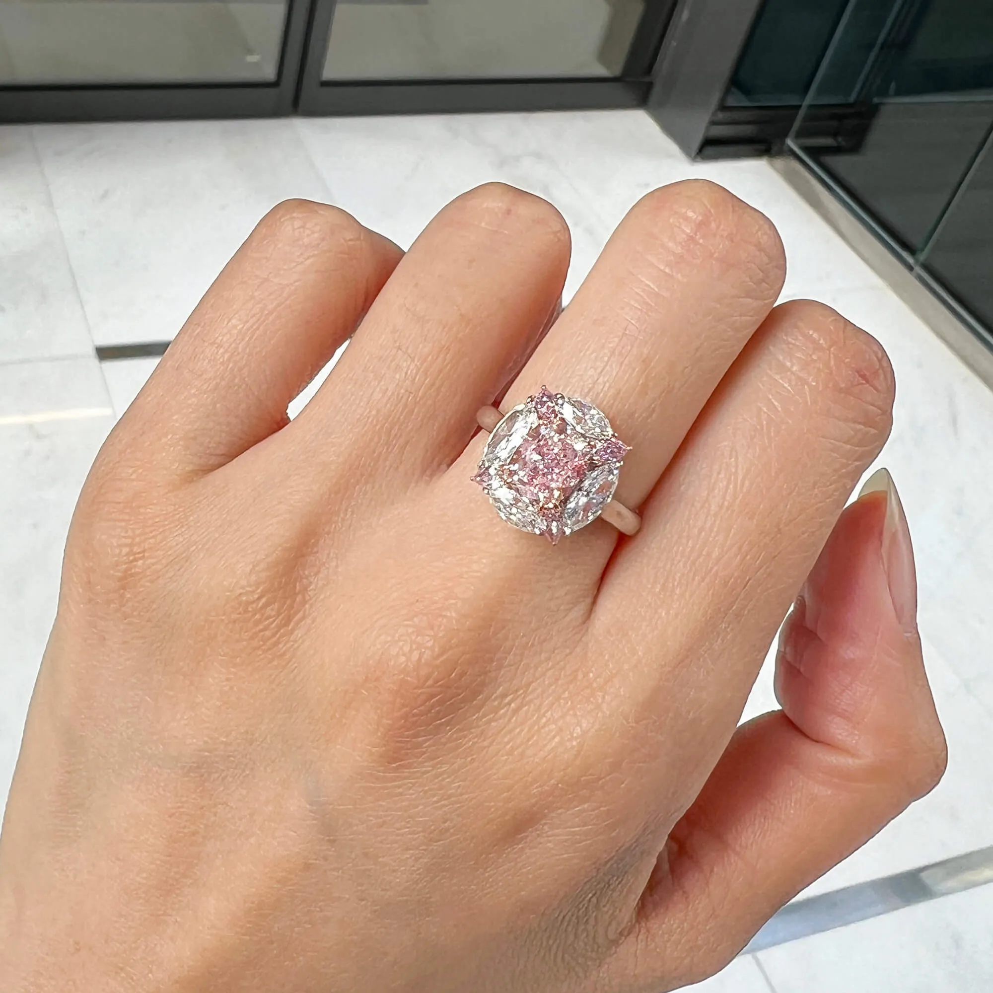 Very Light Pink Diamond Ring, 3.66 Ct. TW, Cushion shape, GIA Certified,Rings Colored Diamond