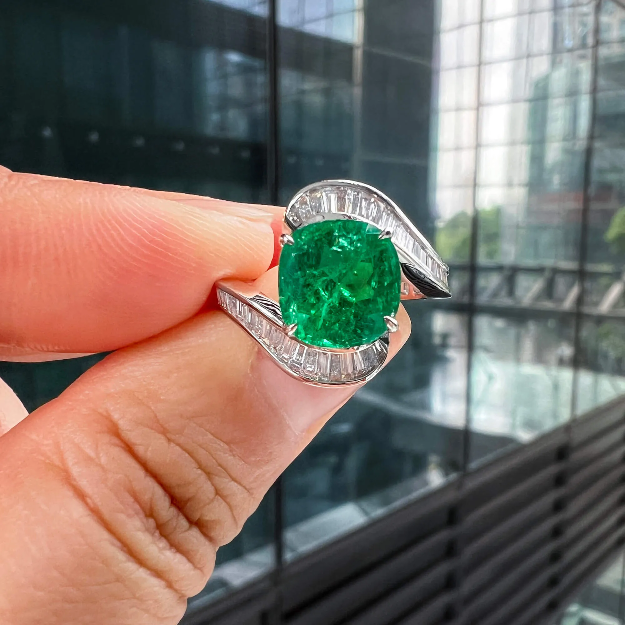Vivid Green Colombia Emerald Ring, 3.62 Ct. TW, Cushion shape GRS Certified,Emerald Rings