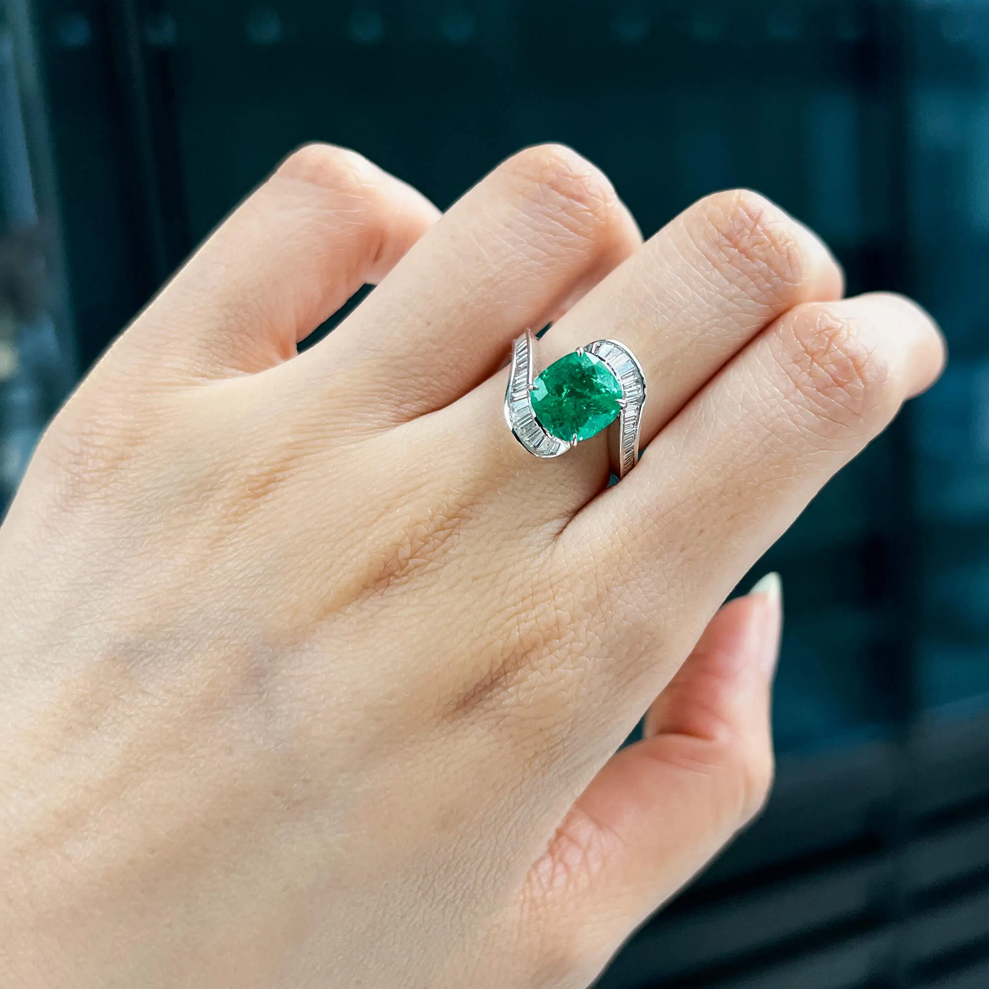 Vivid Green Colombia Emerald Ring, 3.62 Ct. TW, Cushion shape GRS Certified,Emerald Rings