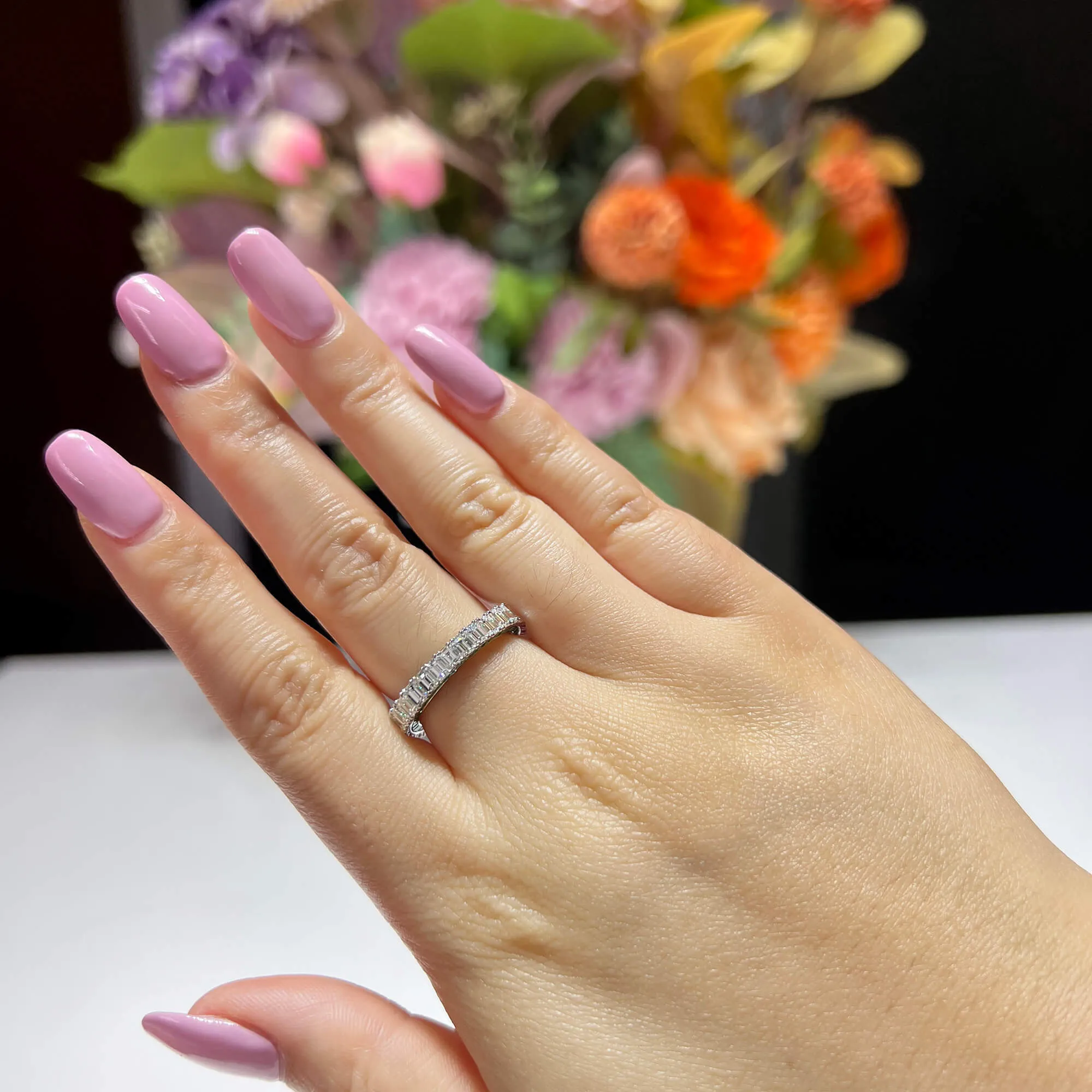 White Diamond and Emerald Eternity Band Ring, 3.12 Ct. (5.66 Ct. TW), Baguette shape,Eternity Rings