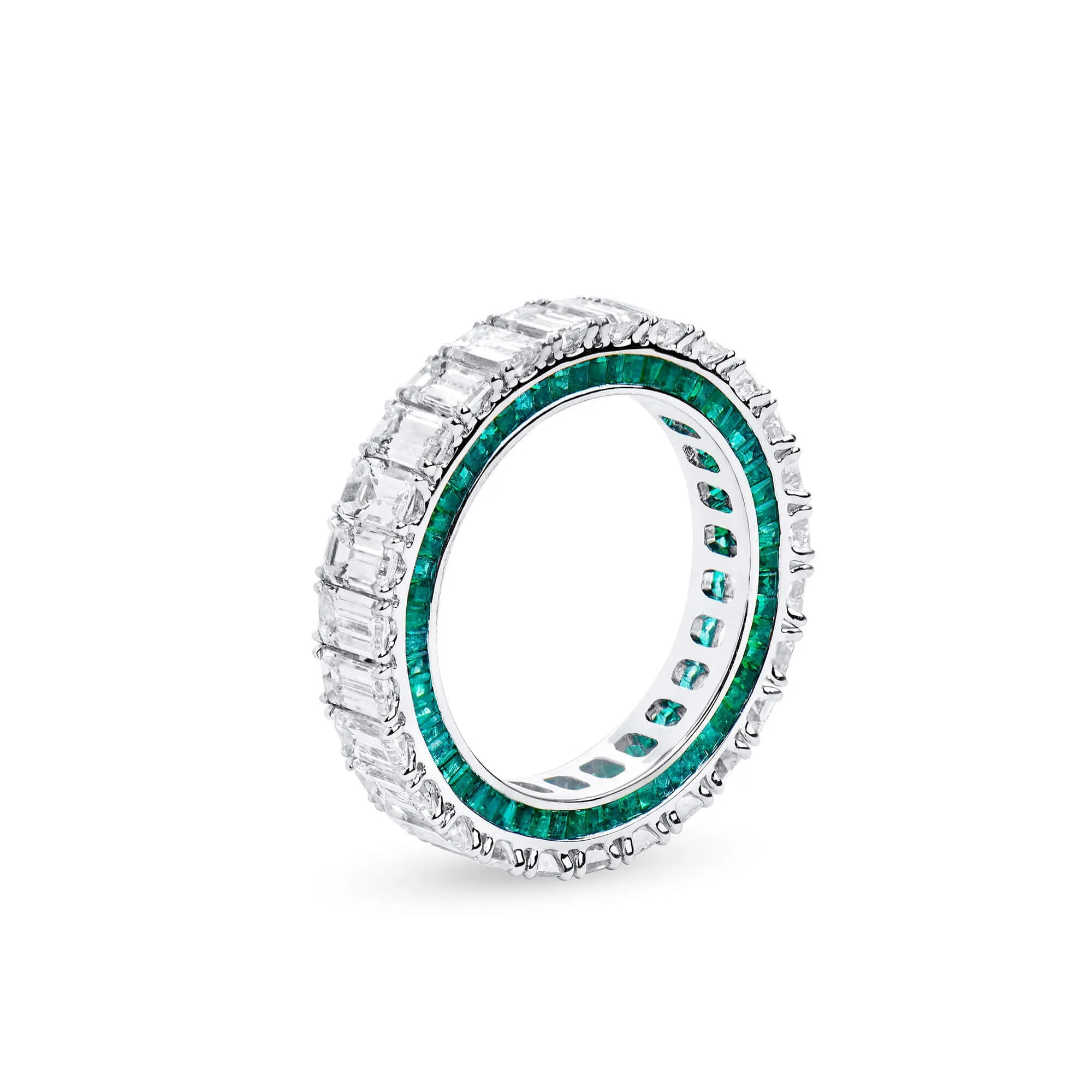 White Diamond and Emerald Eternity Band Ring, 4.26 Ct. (7.13 Ct. TW), Emerald Shape,Eternity Rings