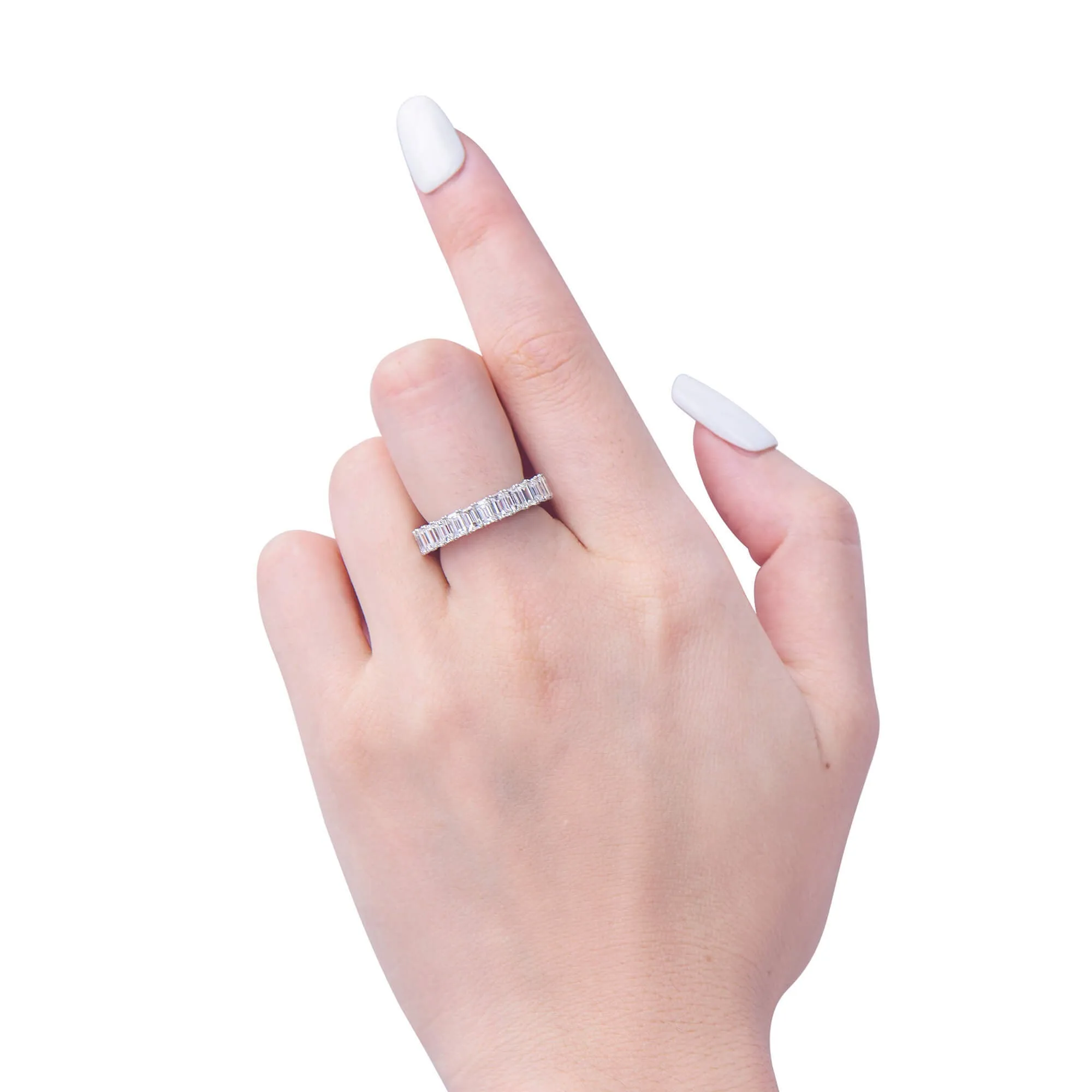 White Diamond and Emerald Eternity Band Ring, 4.26 Ct. (7.13 Ct. TW), Emerald Shape,Eternity Rings