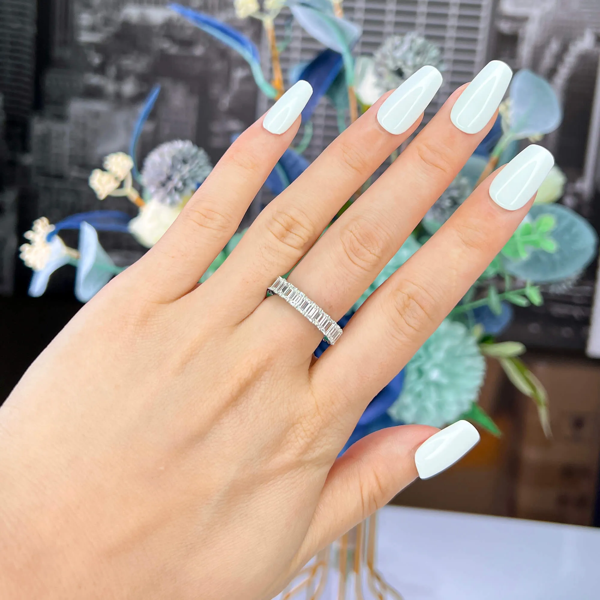 White Diamond and Emerald Eternity Band Ring, 4.26 Ct. (7.13 Ct. TW), Emerald Shape,Eternity Rings