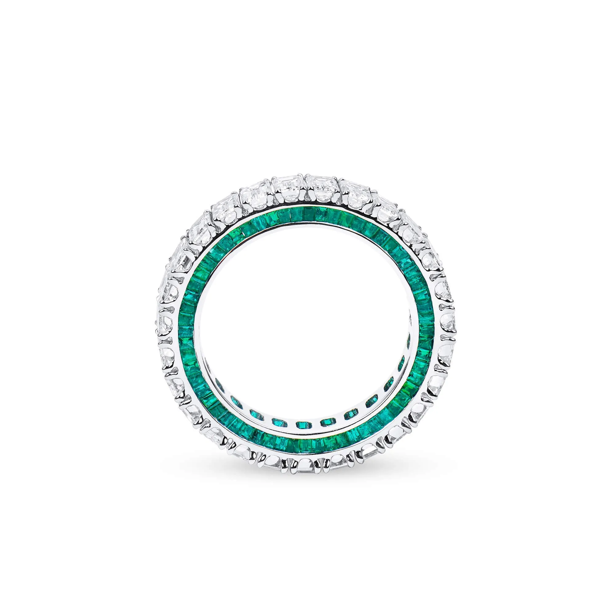 White Diamond and Emerald Eternity Band Ring, 4.26 Ct. (7.13 Ct. TW), Emerald Shape,Eternity Rings
