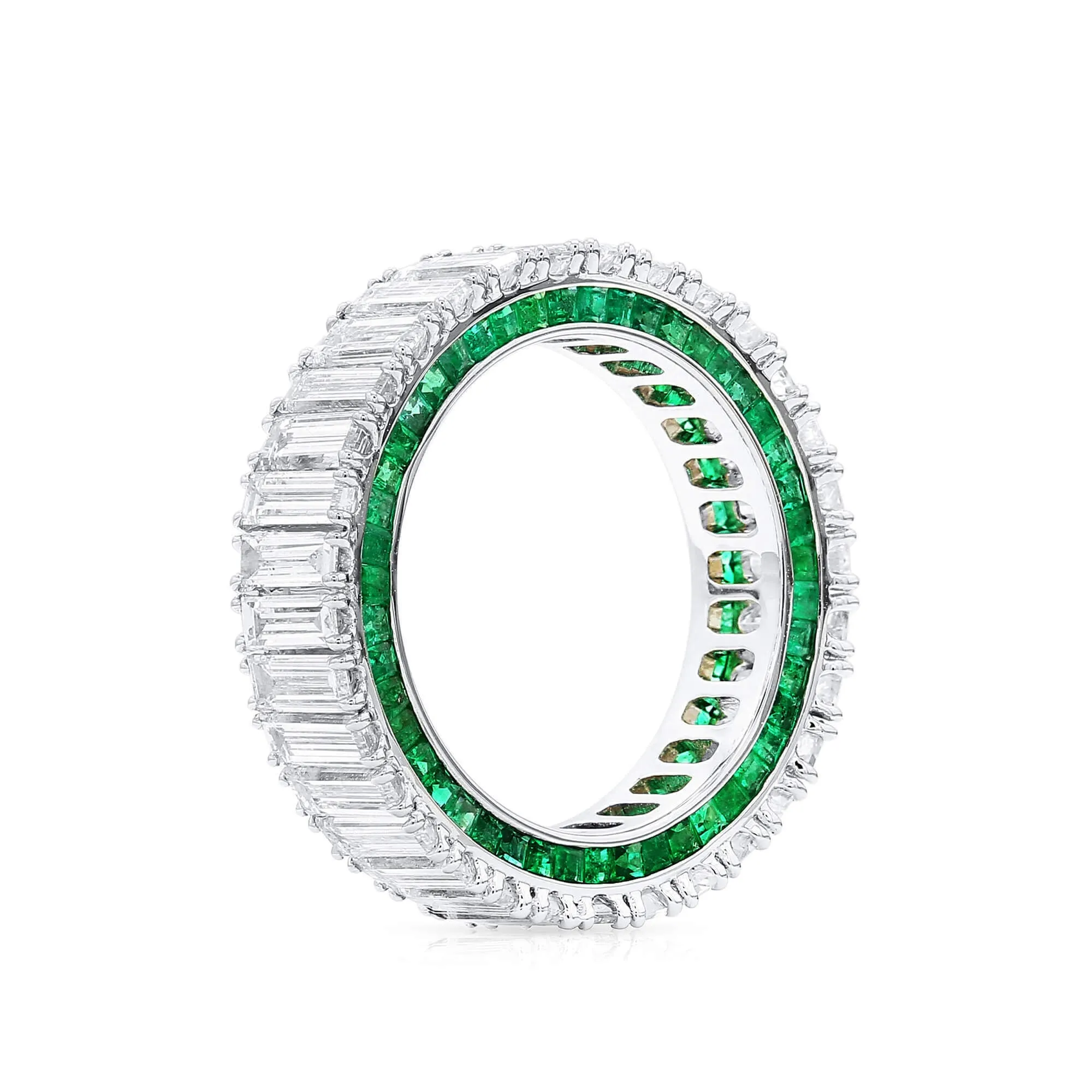 White Diamond and Emerald Eternity Band Ring, 4.87 Ct. (7.75 Ct. TW), Baguette shape,Eternity Rings