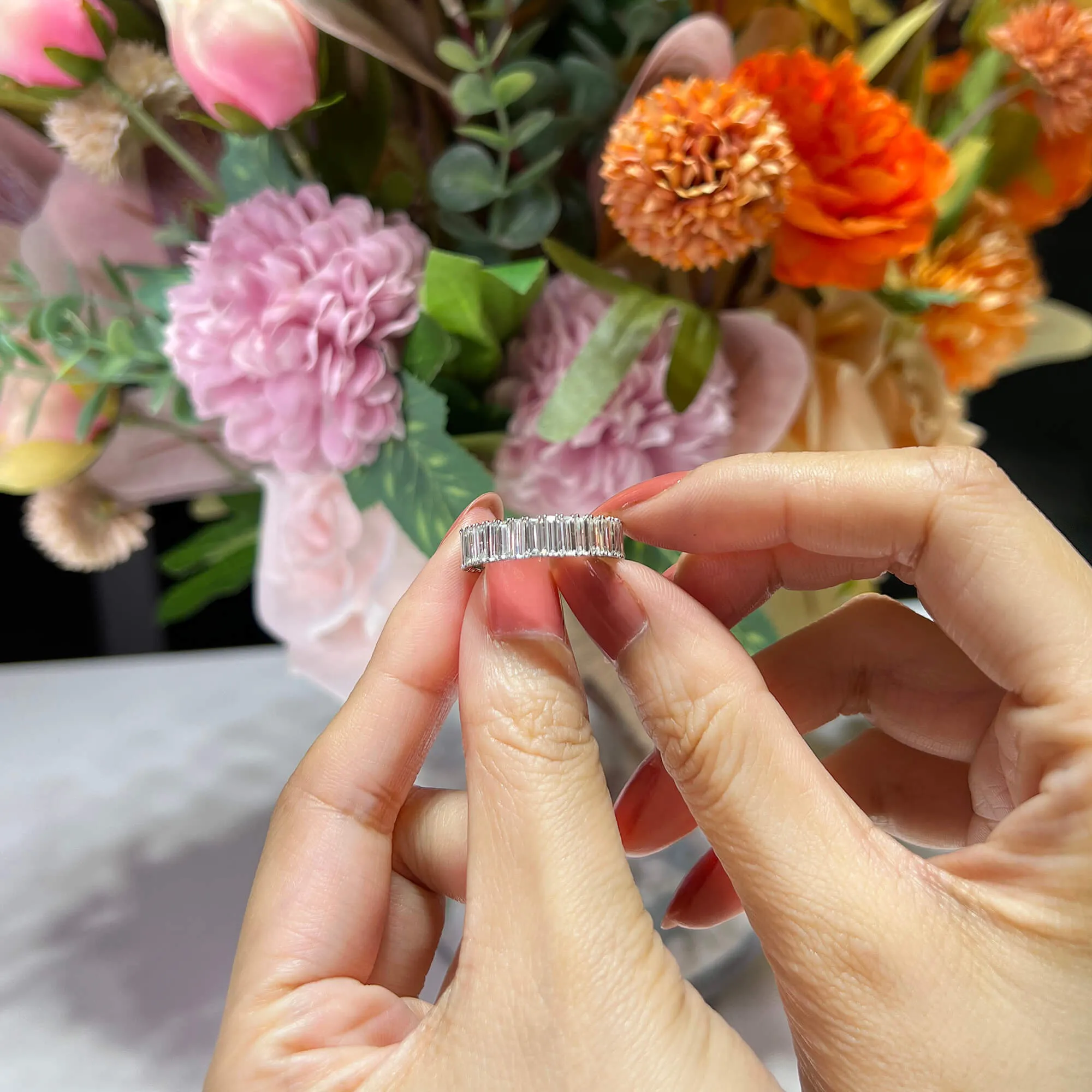 White Diamond and Emerald Eternity Band Ring, 4.87 Ct. (7.75 Ct. TW), Baguette shape,Eternity Rings