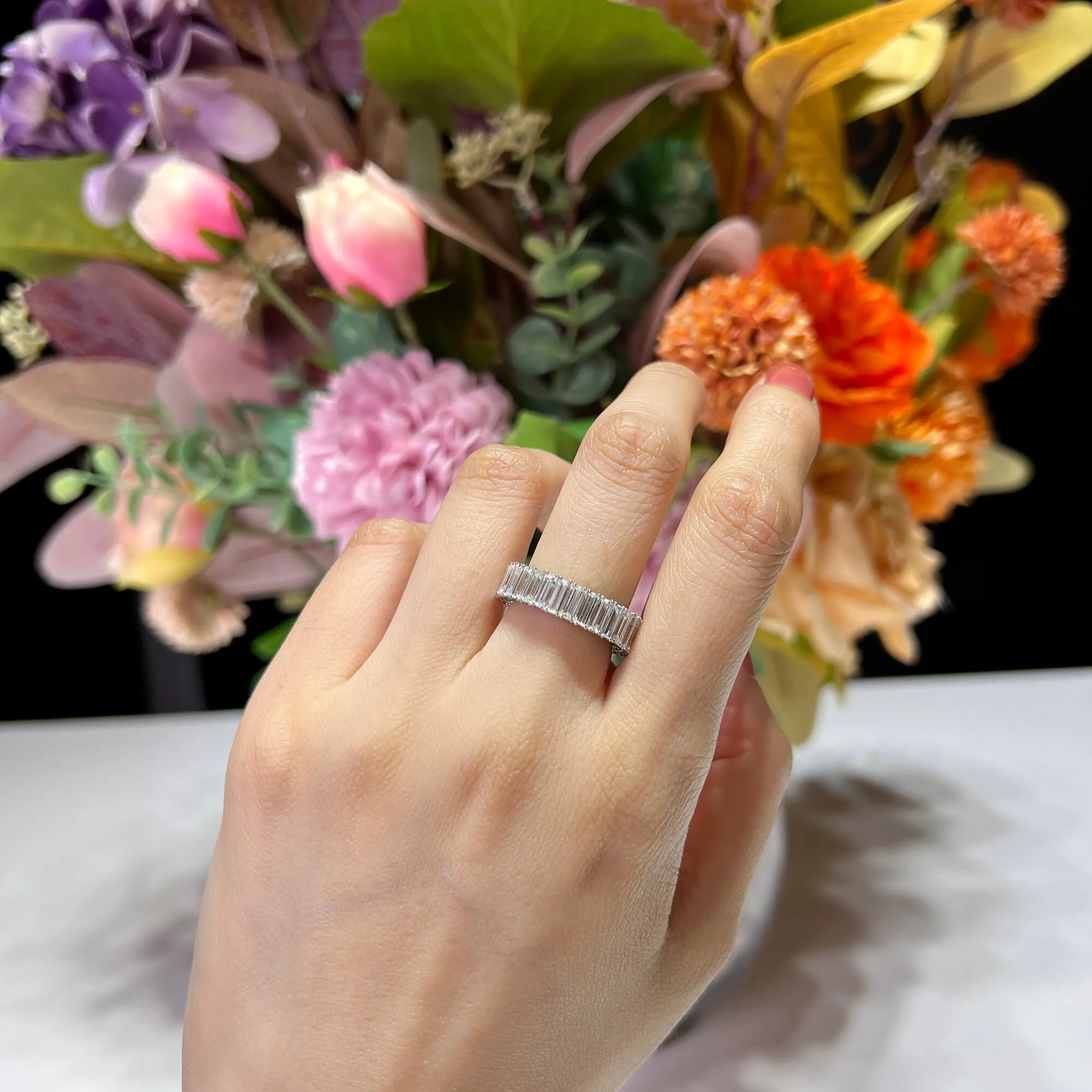 White Diamond and Emerald Eternity Band Ring, 4.87 Ct. (7.75 Ct. TW), Baguette shape,Eternity Rings