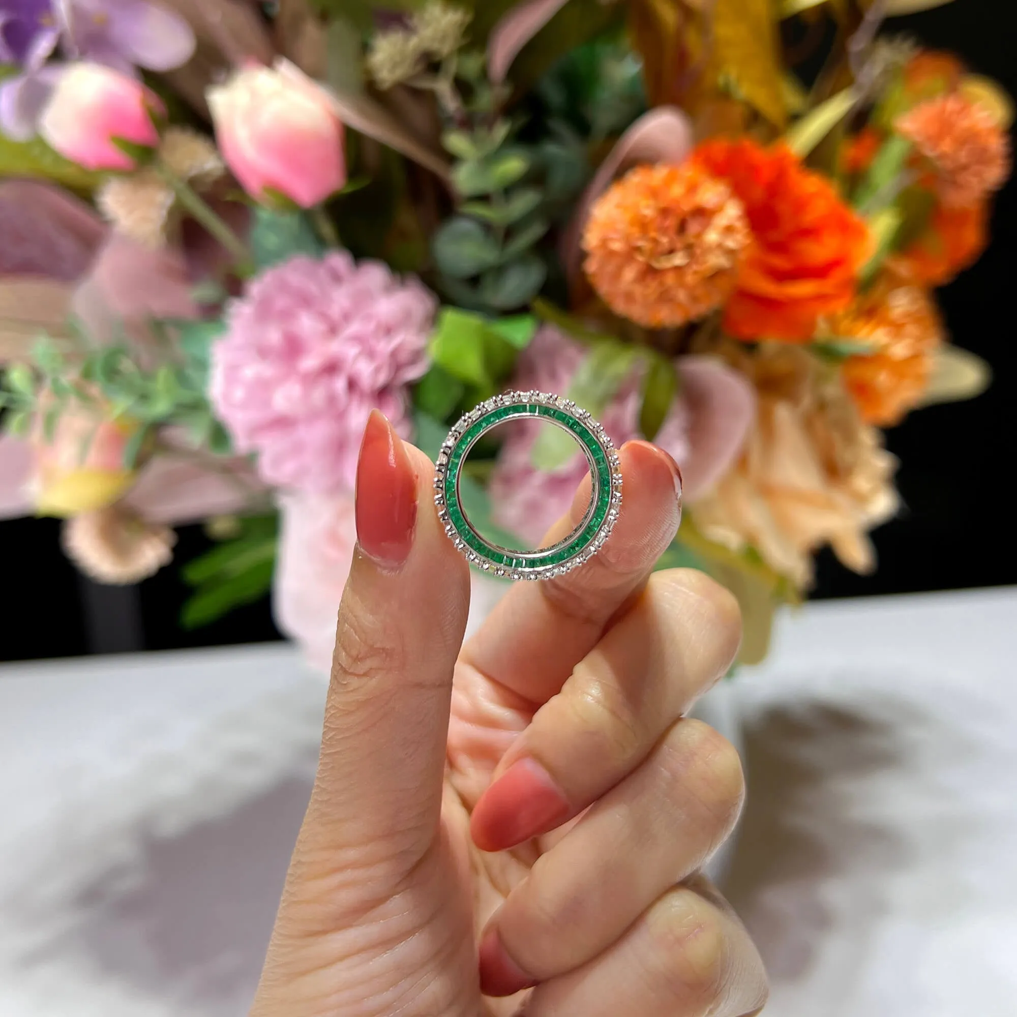 White Diamond and Emerald Eternity Band Ring, 4.87 Ct. (7.75 Ct. TW), Baguette shape,Eternity Rings