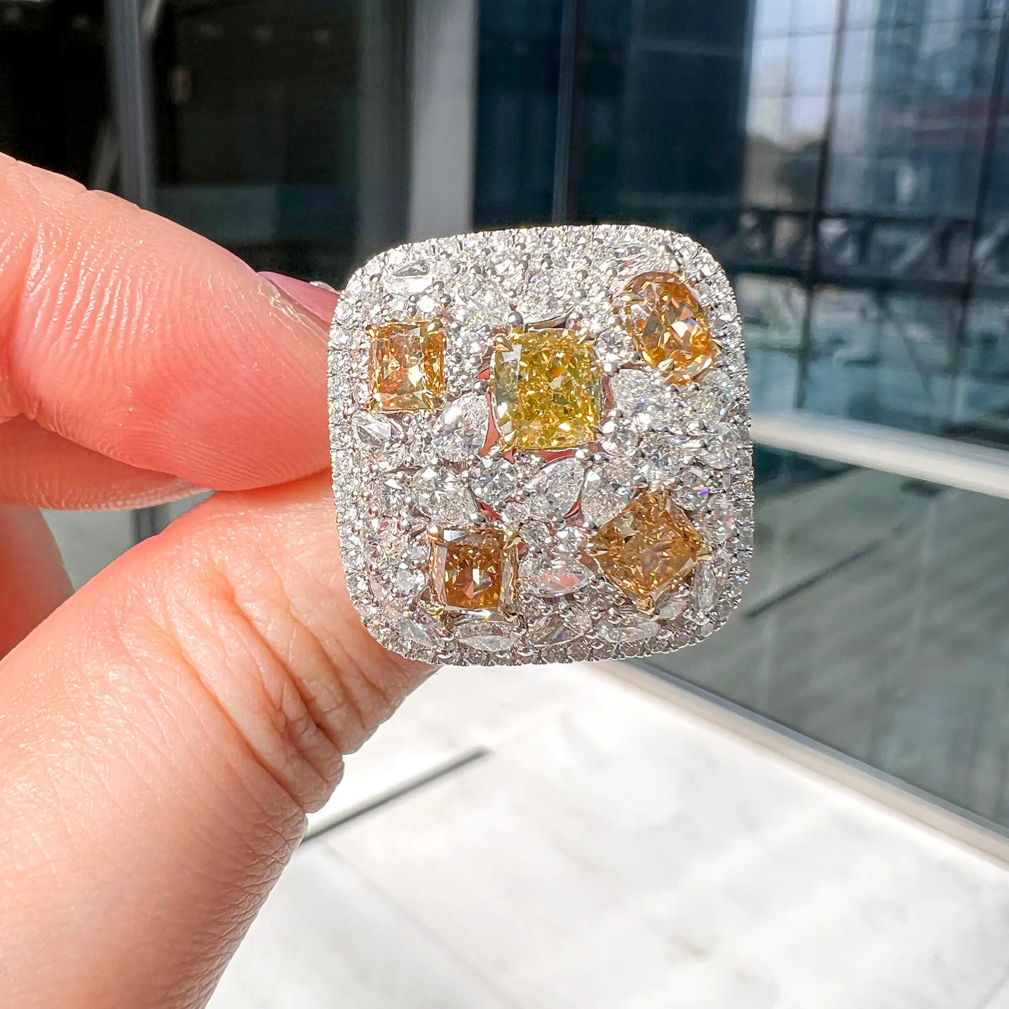 Yellow and White Diamond Ring,  6.39  CT. TW, Multishape,Rings Colored Diamond