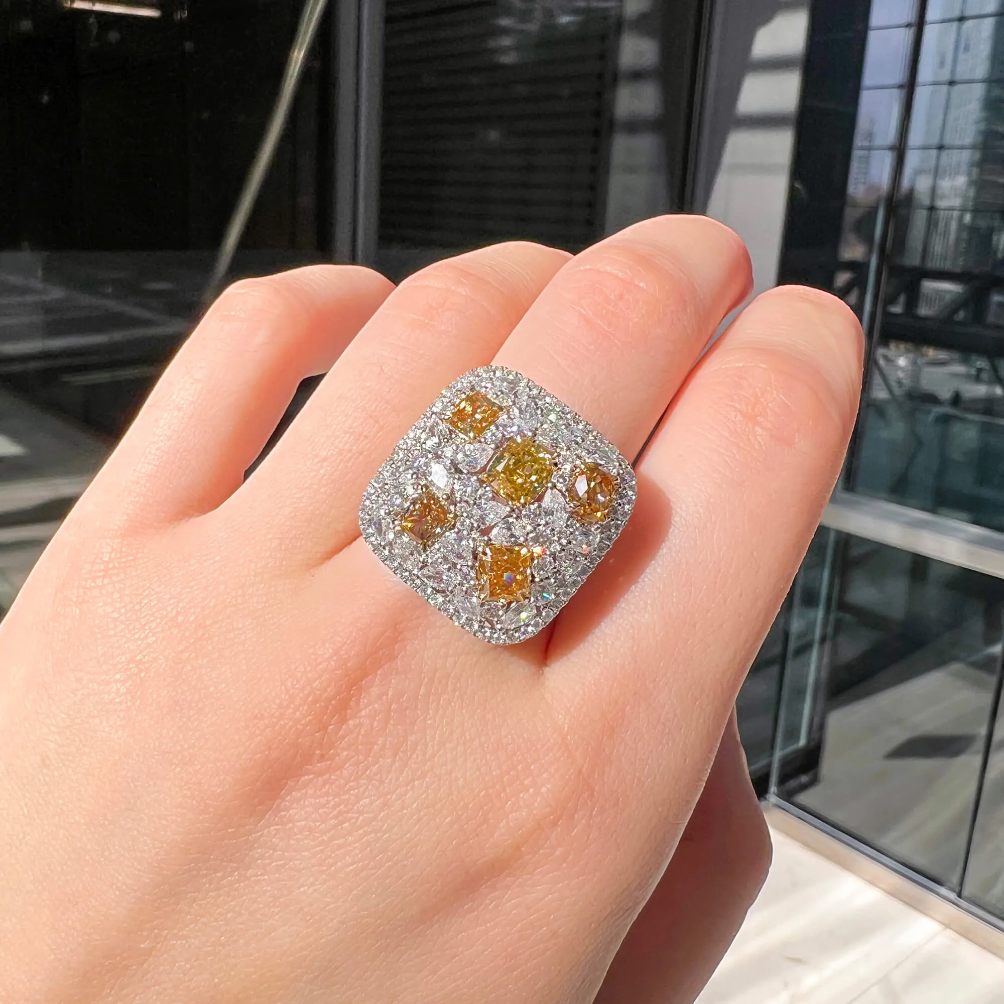 Yellow and White Diamond Ring,  6.39  CT. TW, Multishape,Rings Colored Diamond